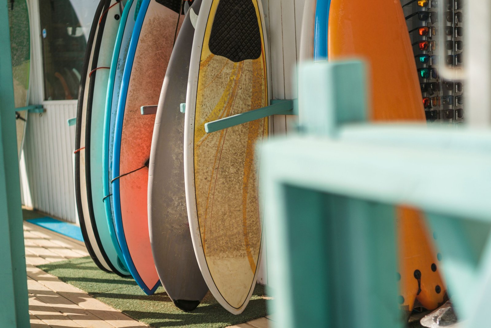 A beautiful shot of colorful wooden surfboards