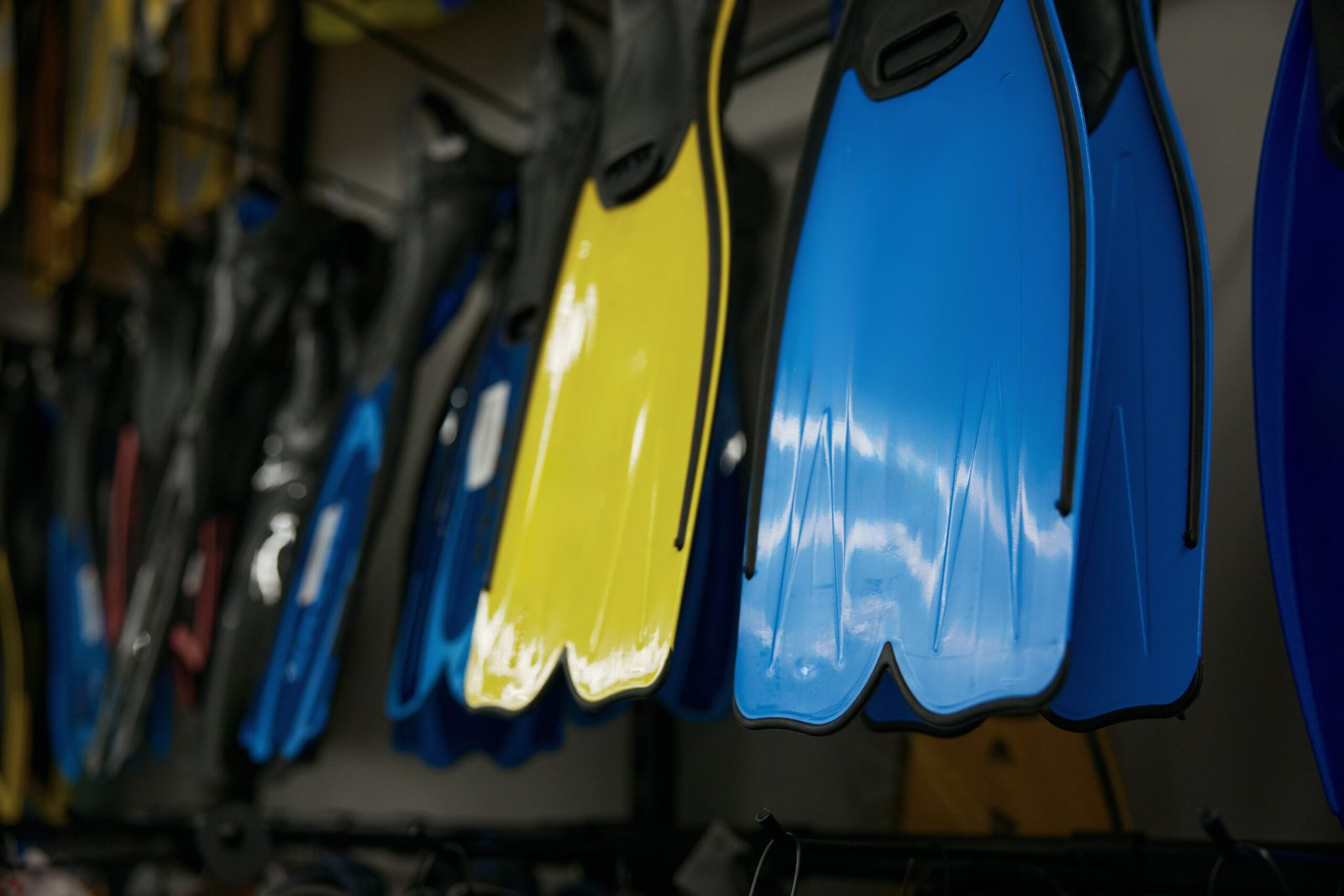 Flippers swimming gear assortment hanging on wall stand of sports shop. Professional sportswear showroom with special accessory for scuba diving
